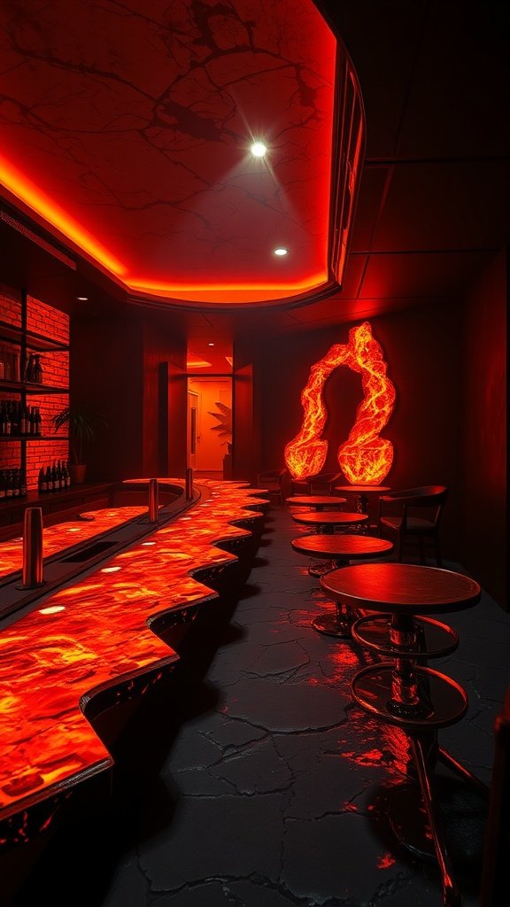 Interior of The Molten Flask bar inspired by Mustafar, featuring red and orange lighting, a lava-like bar, and modern seating.