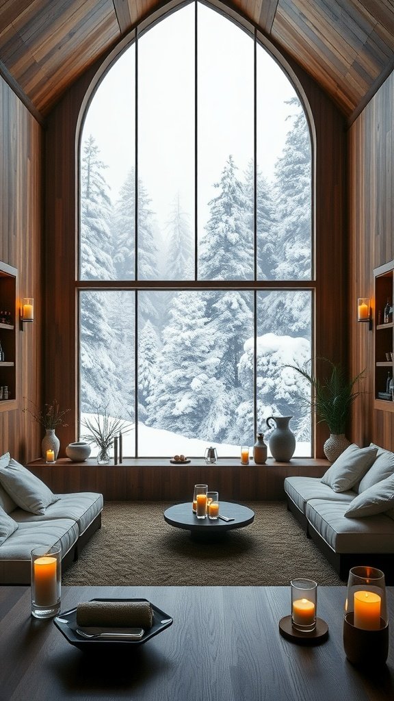 A cozy bar interior inspired by Ilum, featuring wooden decor, candles, and snowy windows.