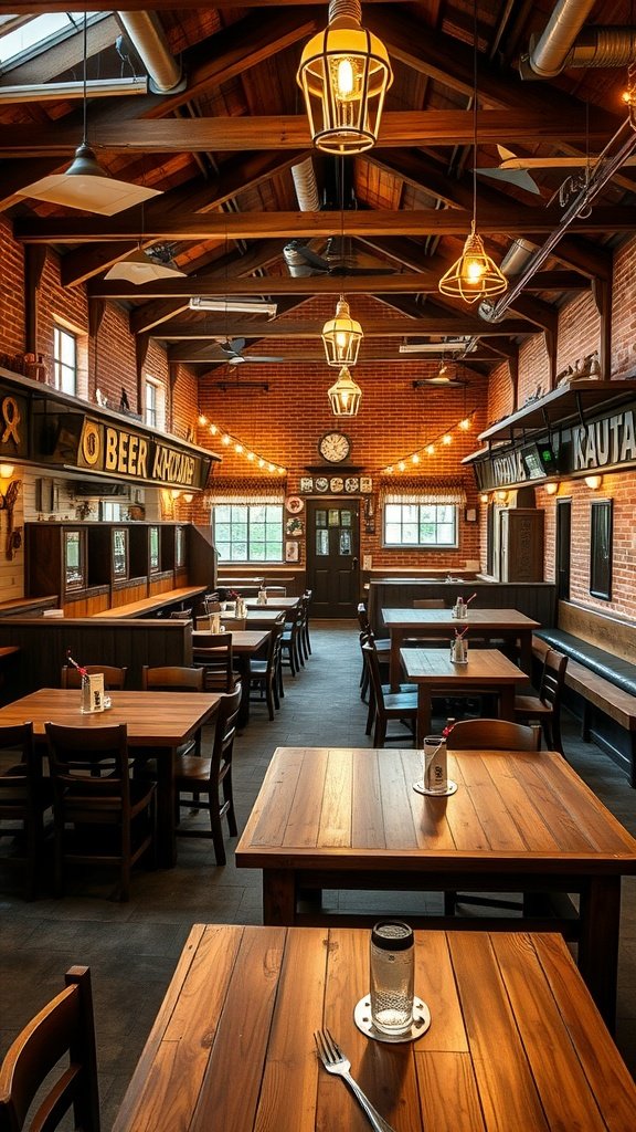 Interior of Binary Brew Hall featuring wooden tables, brick walls, and soft lighting.