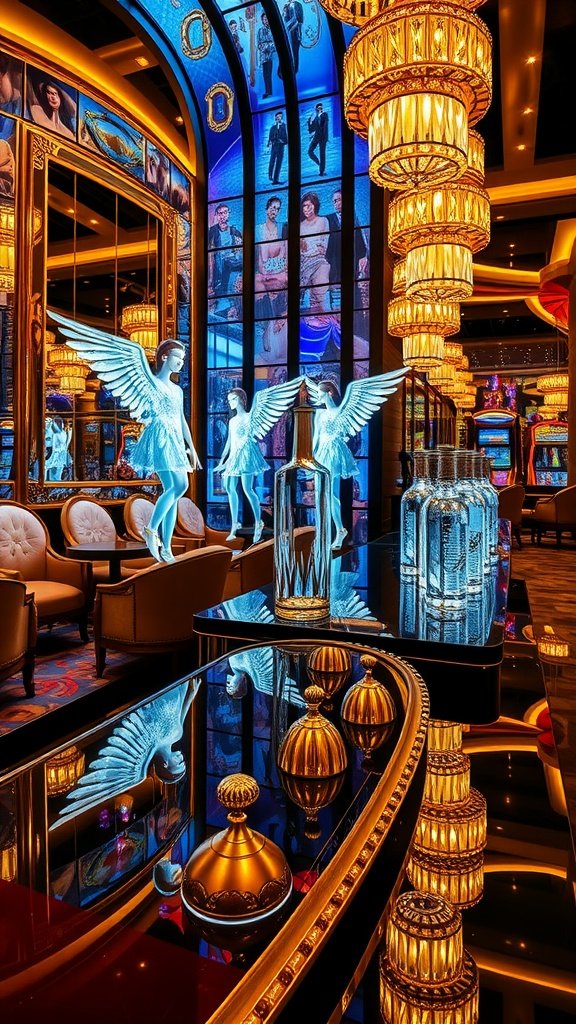 Interior of Starspire Lounge featuring colorful lights, winged sculptures, and elegant decor.
