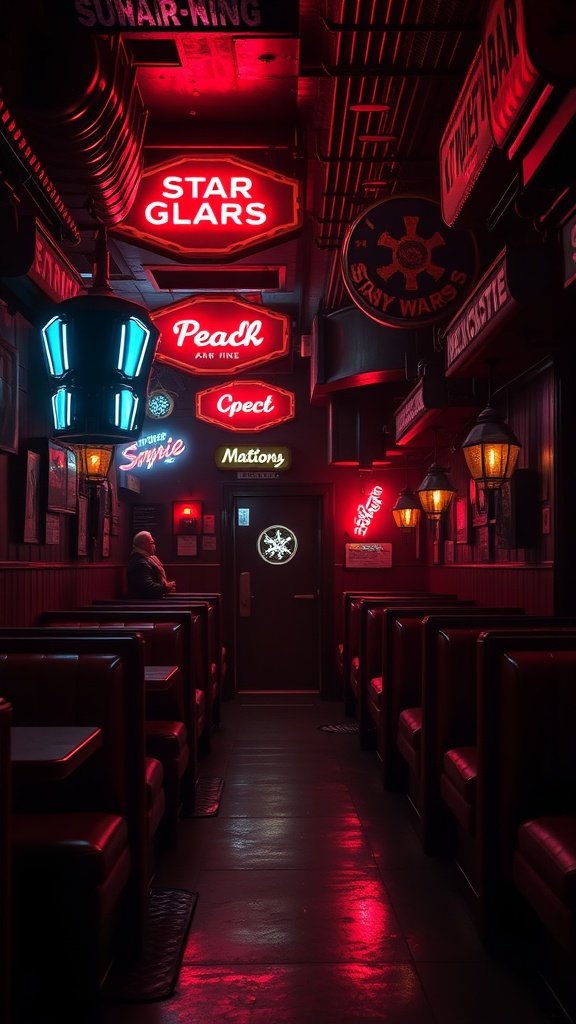 Interior of The Lurking Mynock bar with neon signs and cozy booths.