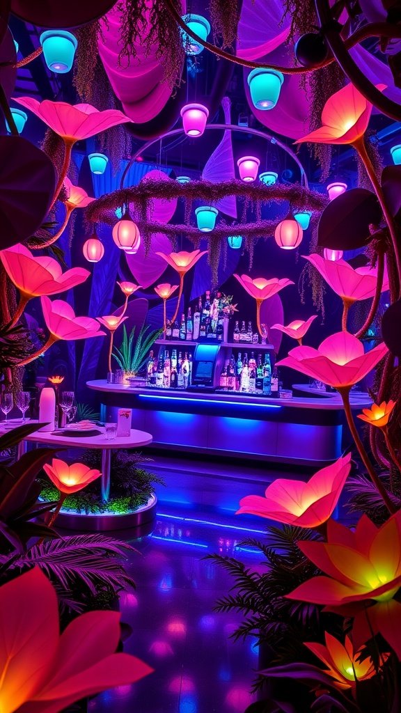A colorful bar interior inspired by Felucia from Star Wars, featuring glowing flowers and vibrant lighting.