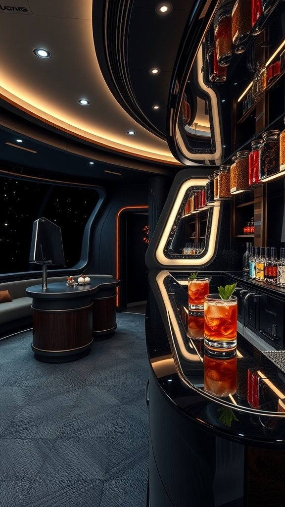 Interior view of Carbonite & Clove bar with cocktails and starry backdrop
