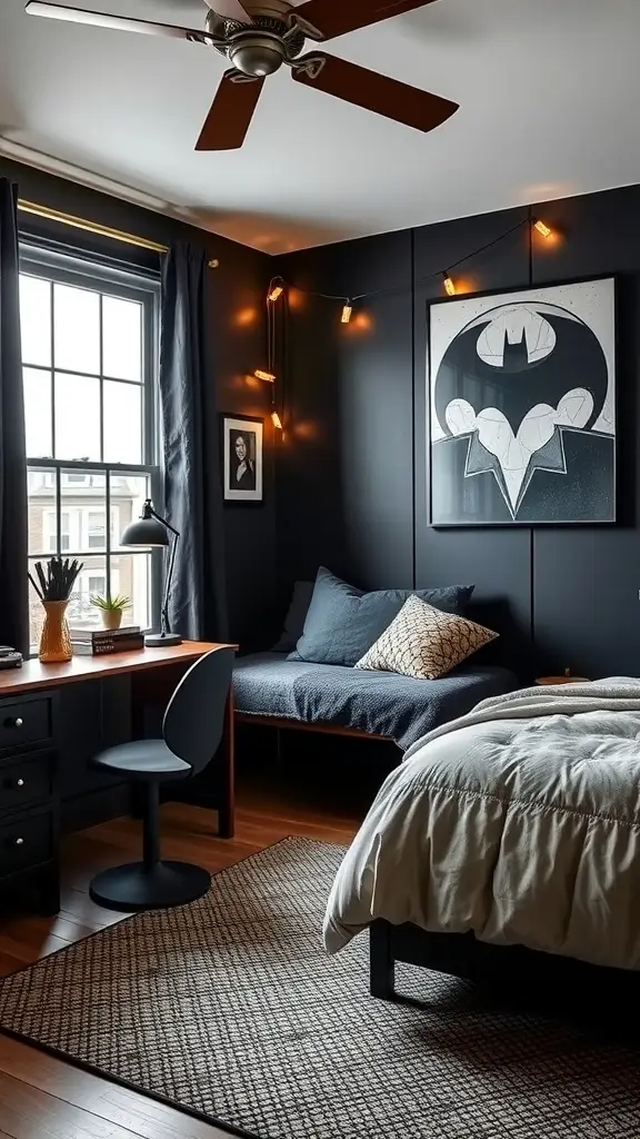 A cozy teenager's bedroom with dark walls, a bed, poufs, and Batman artwork.