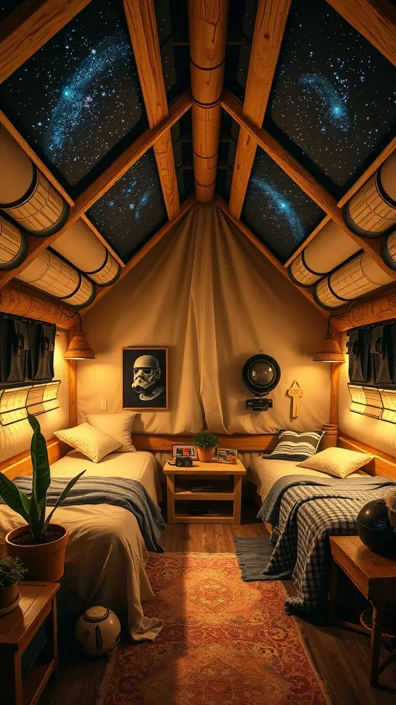 Cozy interior of a Resistance Bunk Room inspired by D’Qar with twin beds, starry ceiling, and warm lighting.