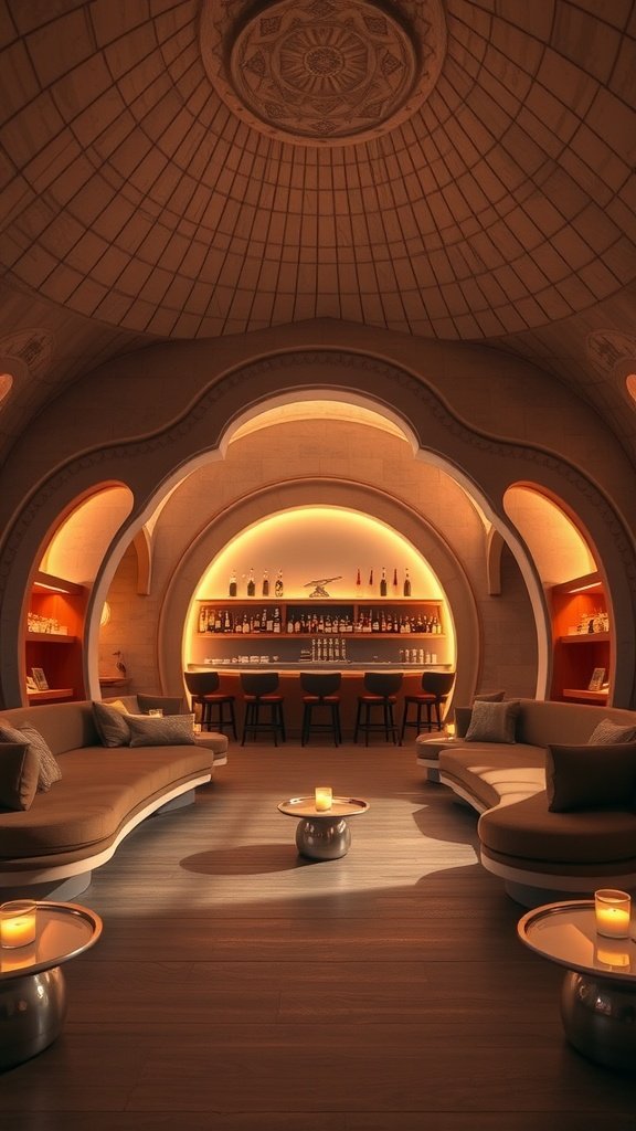 An elegant bar interior inspired by Star Wars, featuring rounded seating, warm lighting, and a well-stocked bar.