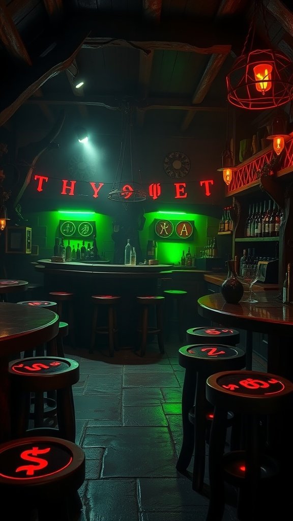 Interior of The Ember Fang bar, featuring green and red lighting, unique stools, and a well-stocked bar.