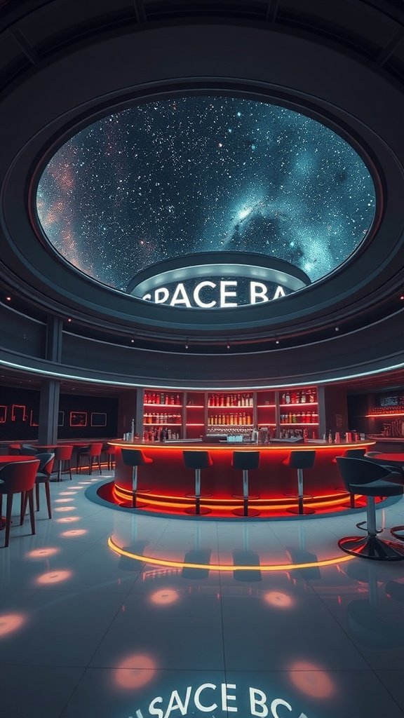 Interior of The Void Echo bar with a starry ceiling and glowing red lights