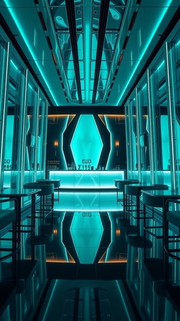 Interior of The Jade Flask bar, featuring blue and orange lighting with a futuristic design.