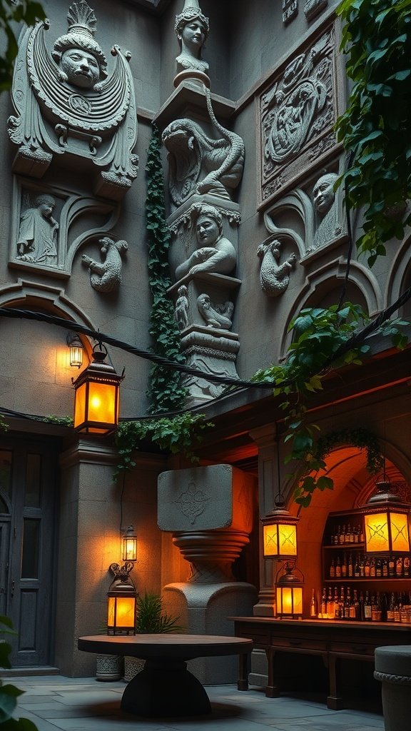 An inviting bar area featuring stone walls with carvings, warm lantern lighting, and greenery.