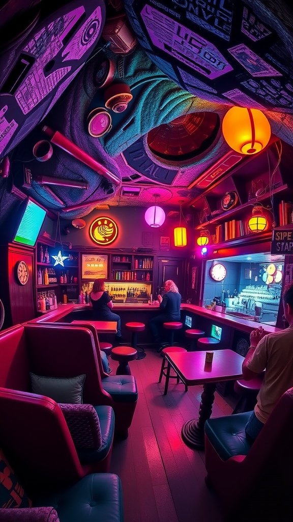 Interior of The Drunken Hyperdrive cantina, featuring colorful Star Wars-themed decorations.