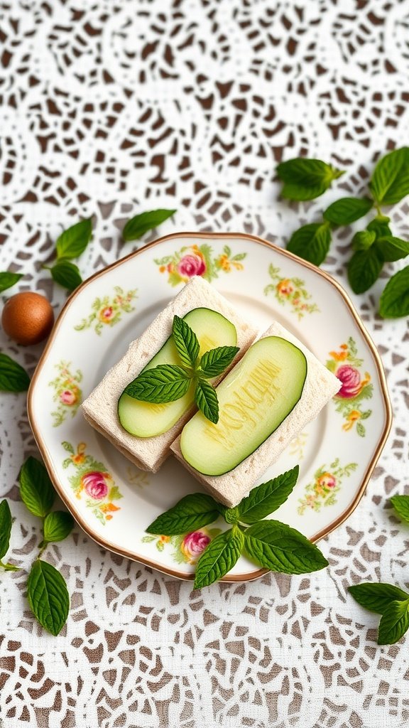 Cucumber mint tea sandwiches on a floral porcelain plate.