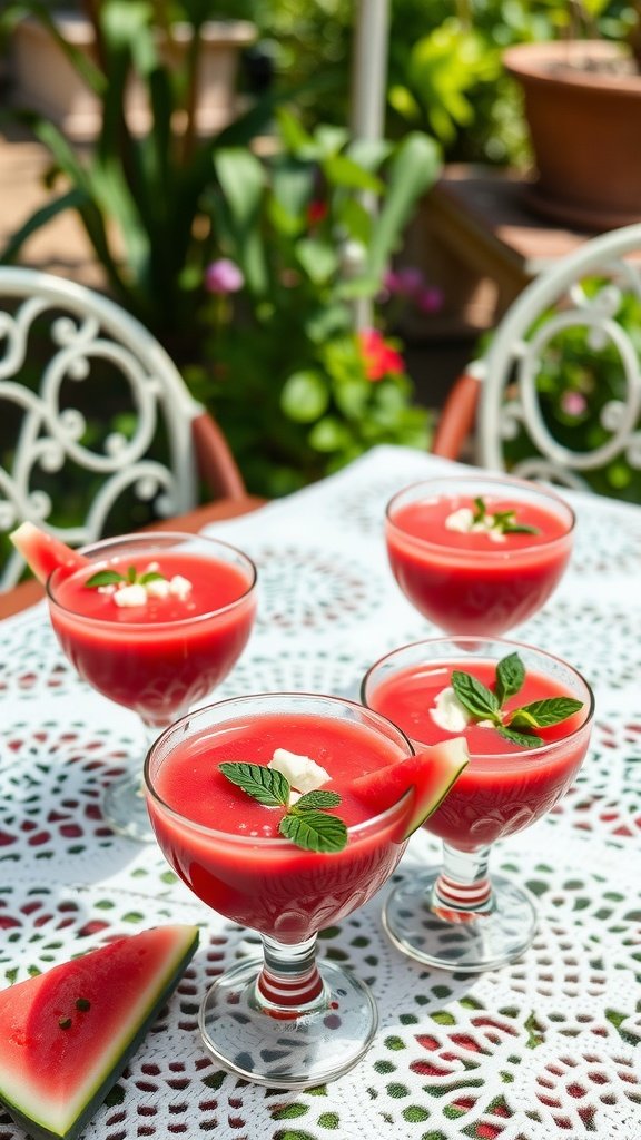 Chilled watermelon gazpacho in crystal coupes garnished with mint leaves