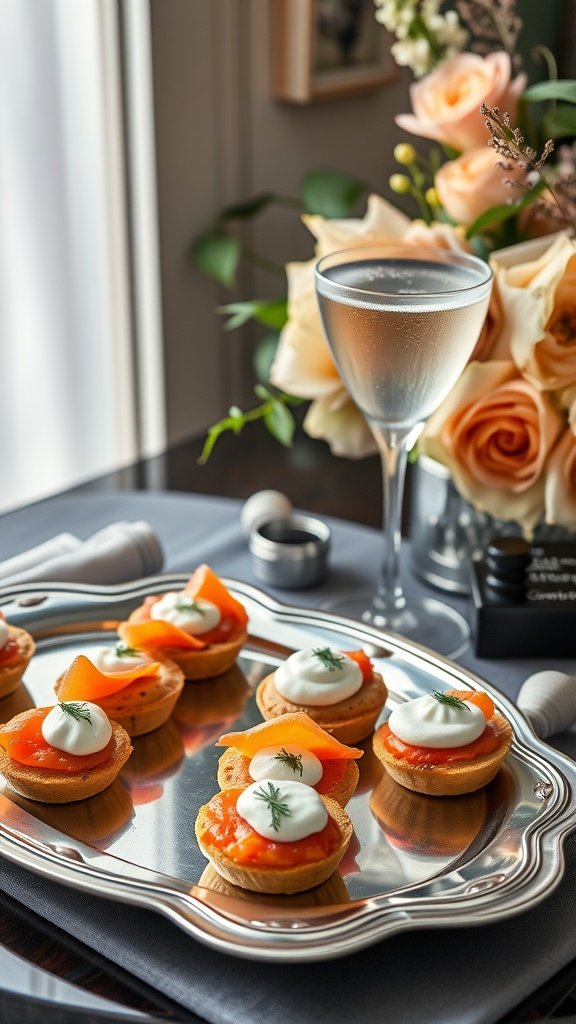 Platter of smoked salmon tartlets with dill cream, garnished with fresh herbs, served on a silver tray.