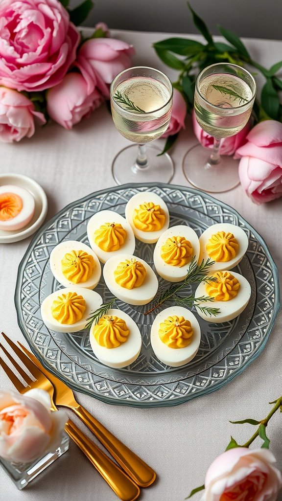A platter of deviled eggs garnished with chives and paprika.