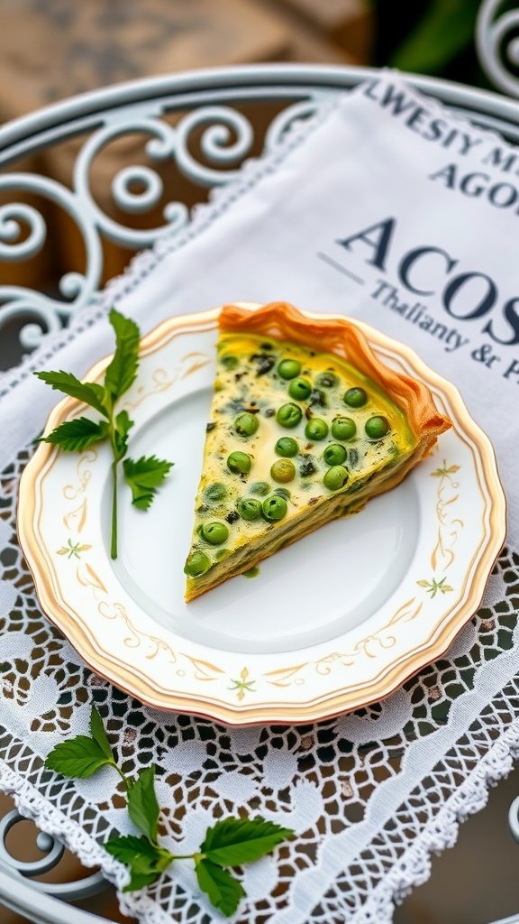 A slice of garden pea and mint quiche on a decorative plate with fresh mint leaves.