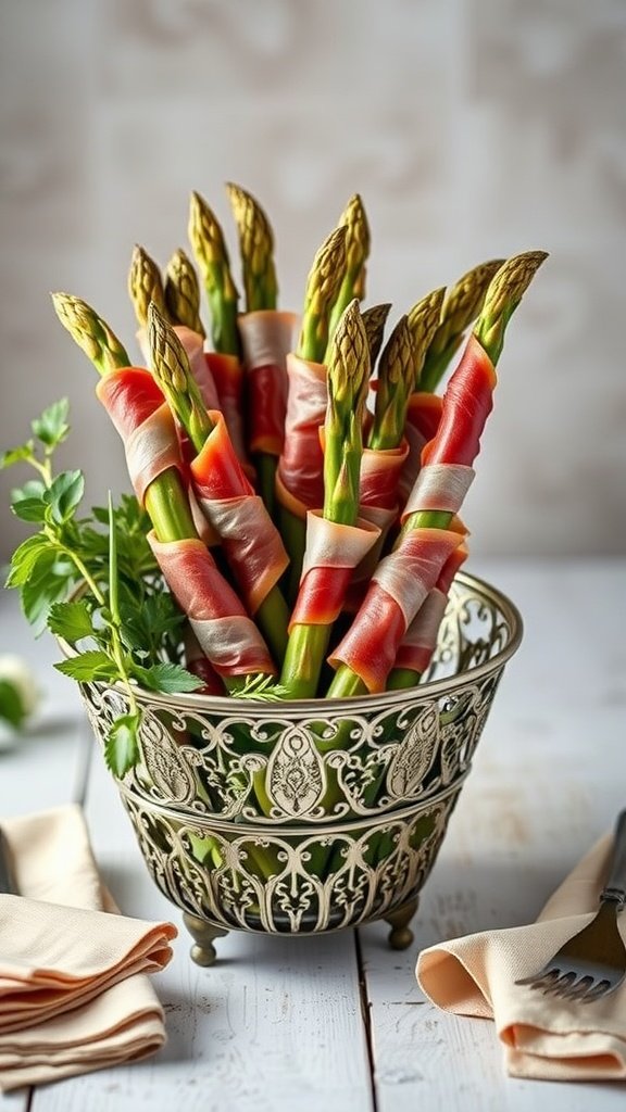Prosciutto-wrapped asparagus spears in an elegant serving dish.