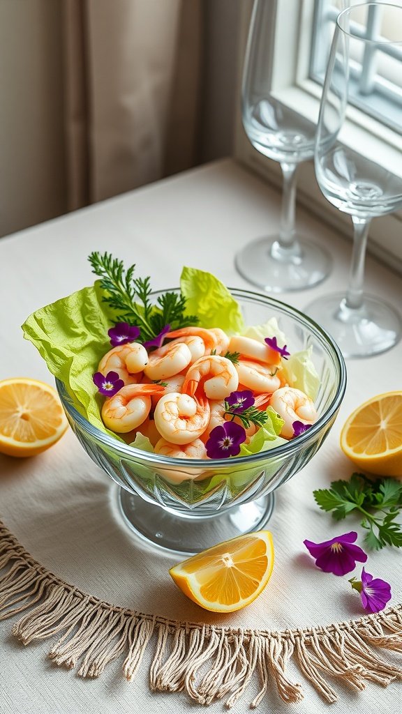 A fresh Lemon Butter Poached Shrimp Salad with greens and edible flowers