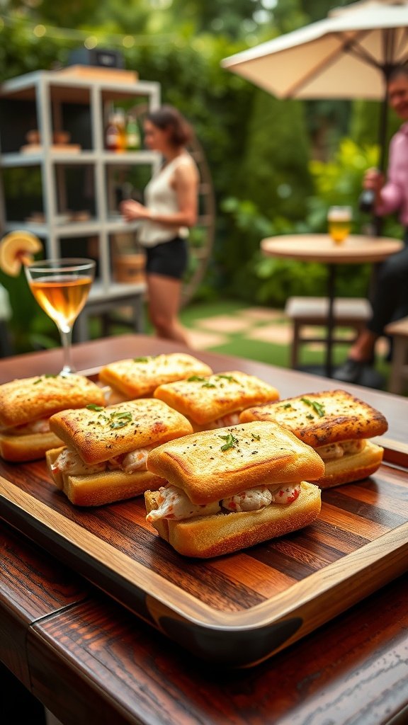 Mini lobster rolls served on a wooden tray, garnished with chives, perfect for a garden party.