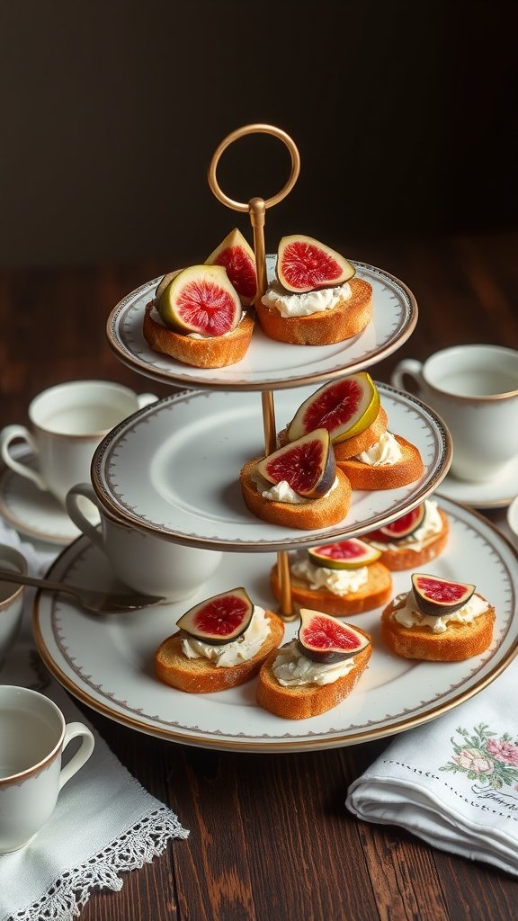 A tiered serving platter with fig and goat cheese crostini topped with honey drizzle.