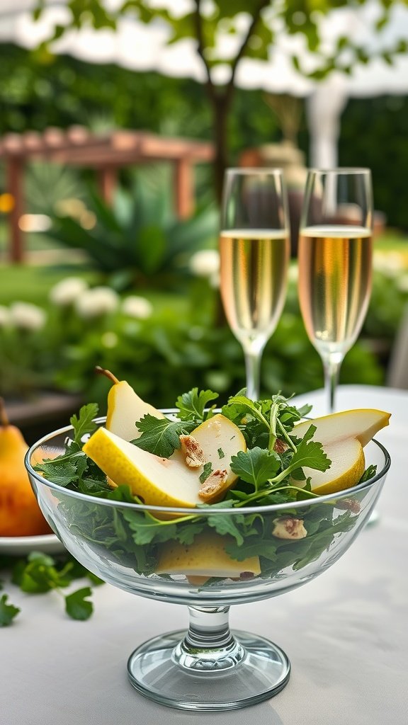 A fresh pear and arugula salad with champagne vinaigrette served in a glass bowl.