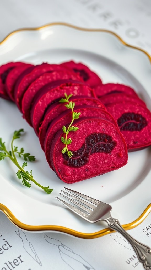Sliced roasted beet terrine served with herbed goat cheese