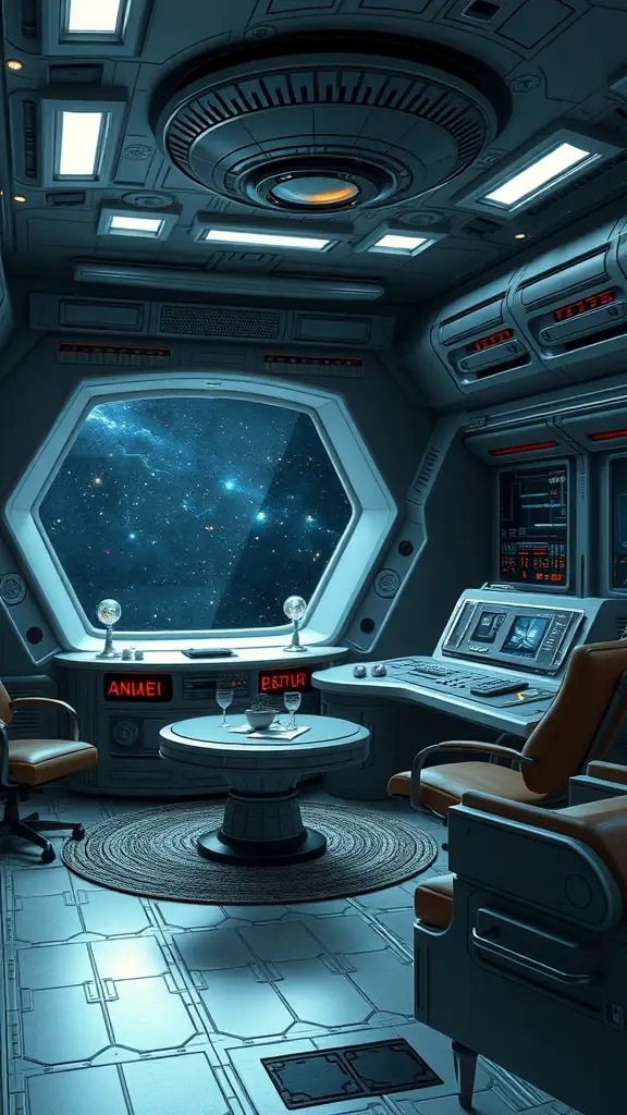 A cozy Imperial Officer's office on the Death Star with a view of space and a round table.