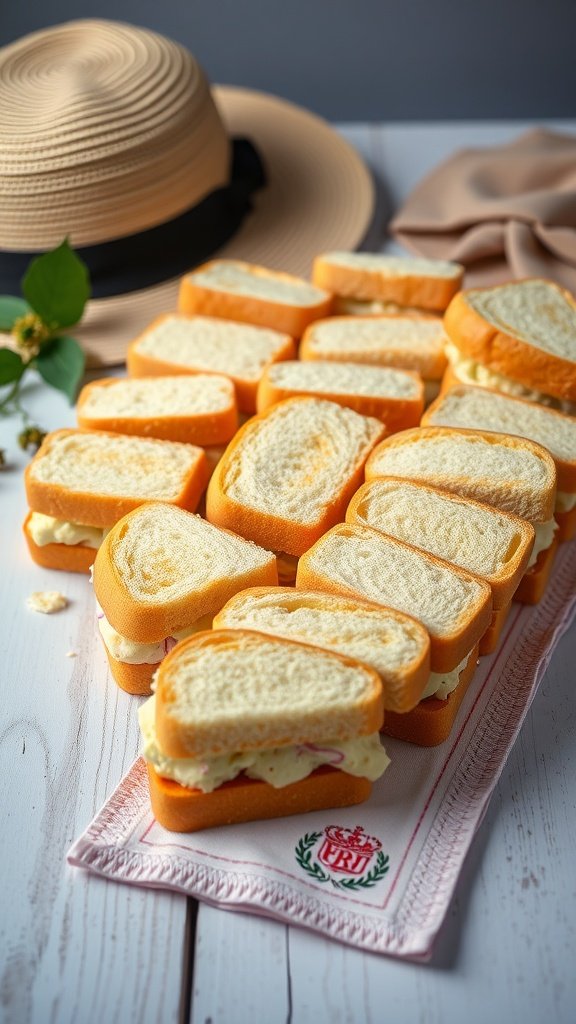 Finger sandwiches filled with coronation chicken on a serving tray.