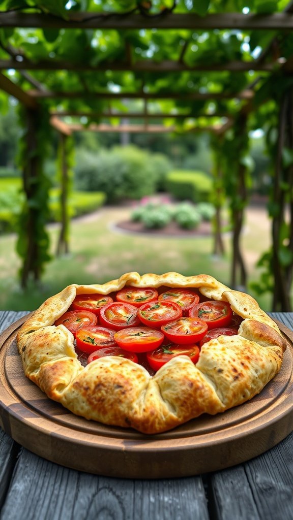 A rustic tomato galette with herbes de Provence on a wooden platter.