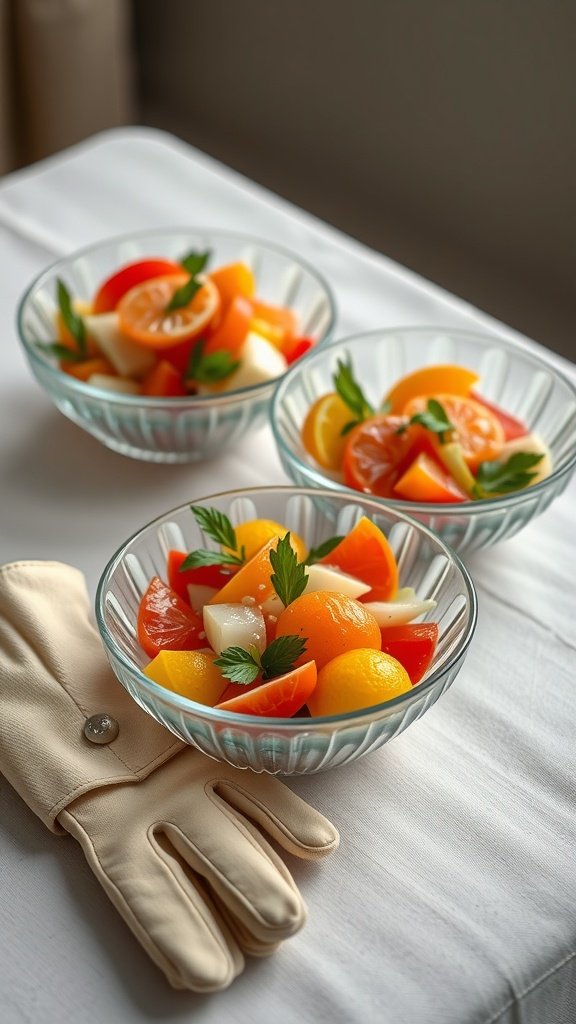 Citrus and fennel slaw in elegant cut glass bowls, garnished with parsley.