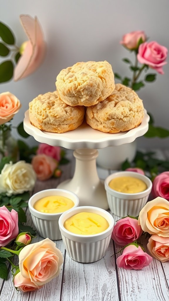 Savory cheese scones with chive butter, elegantly presented with roses.