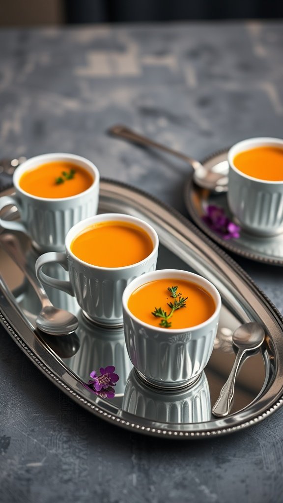 Roasted Carrot and Thyme Soup in Espresso Cups served on a tray.