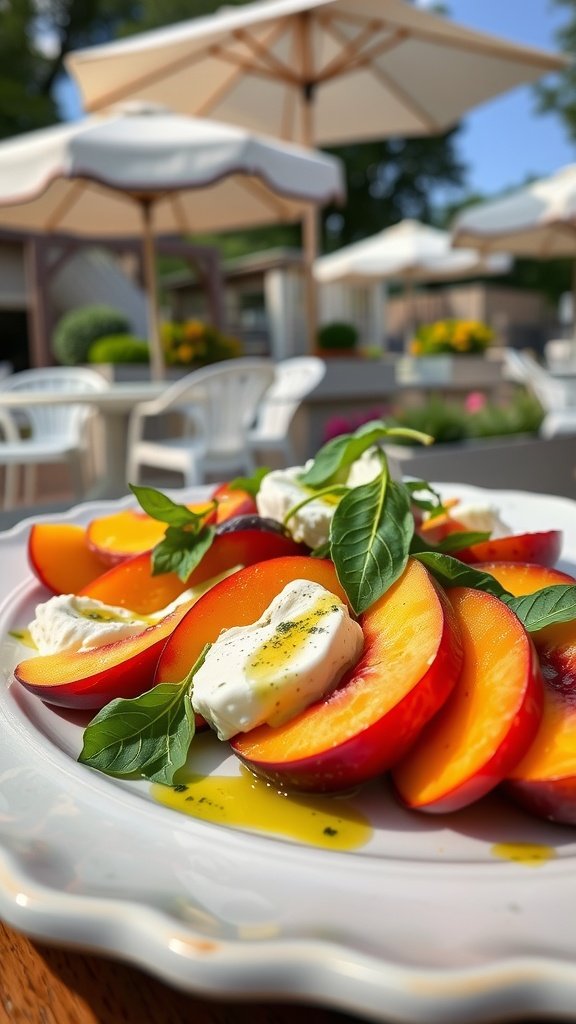 A vibrant salad featuring sliced peaches, burrata cheese, and fresh basil leaves drizzled with olive oil.