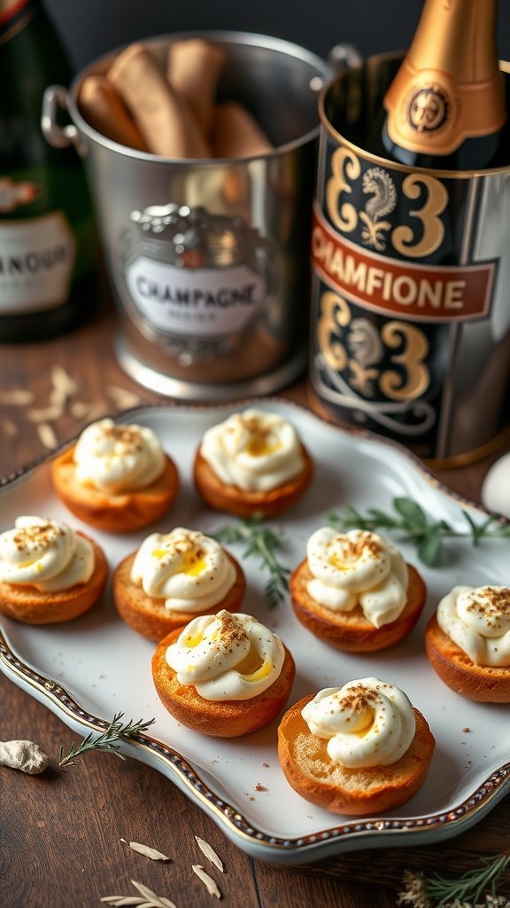Truffled egg salad on brioche rounds arranged on a white plate.
