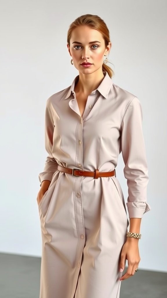 A model wearing a beige shirt dress with a belt and a neutral background