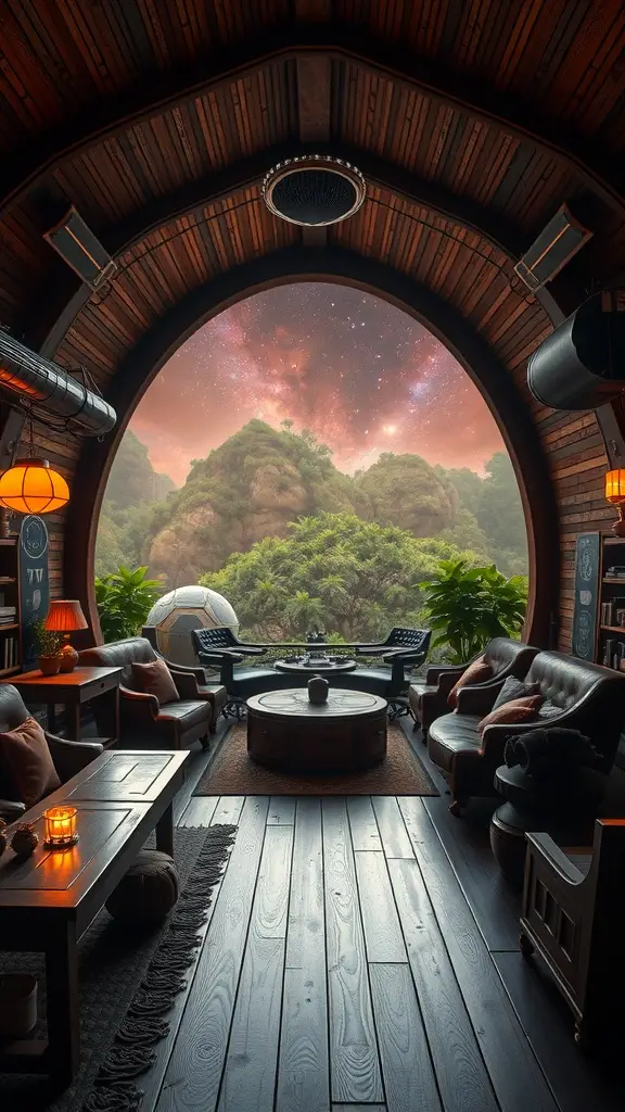 A cozy lounge inspired by Yavin 4 from Star Wars, featuring wooden beams, a large circular window with a view of nature, and inviting seating.