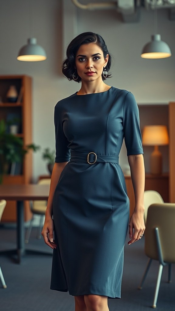 A woman wearing a sophisticated 1960s-inspired midi dress in a modern office setting.