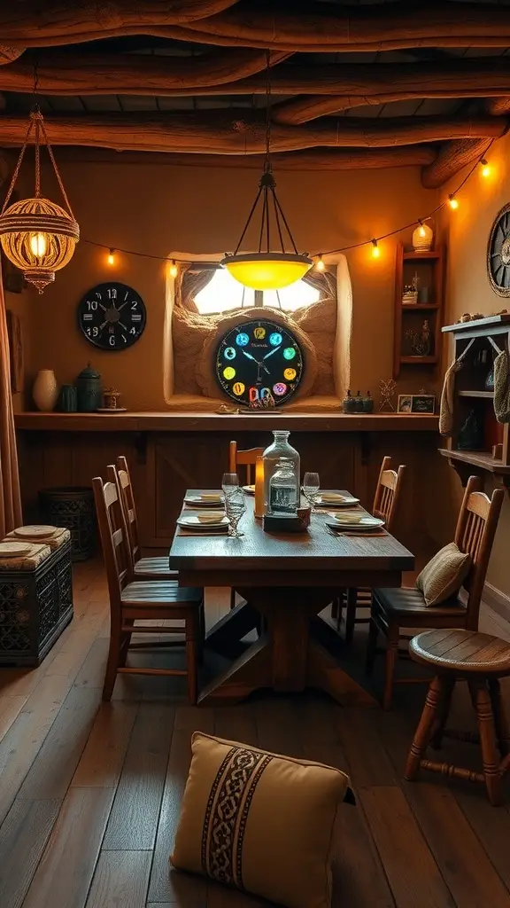 Cozy dining room inspired by Lars Homestead with wooden furniture and warm lighting