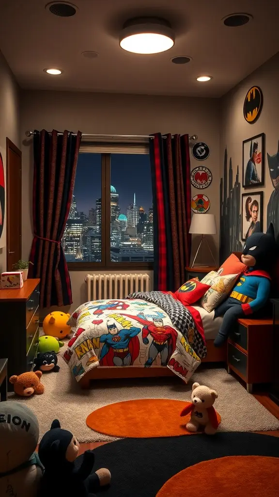 A vibrant child's bedroom themed with superheroes, featuring a cozy bed, plush toys, and a city skyline view.