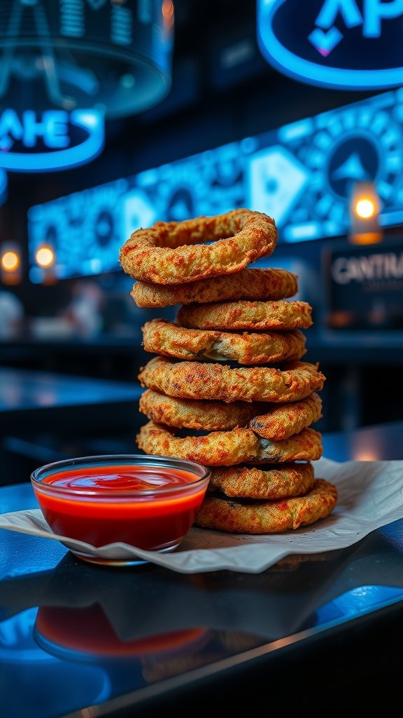 Stack of battered fungi rings with a side of Kriik sauce