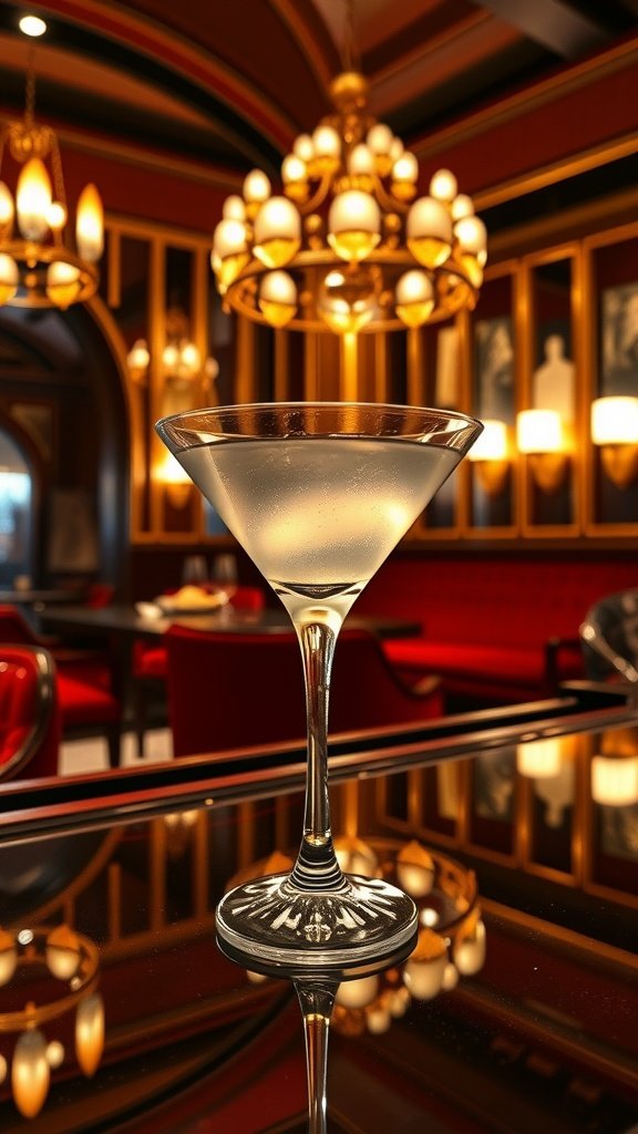 A sophisticated martini cocktail on a reflective surface