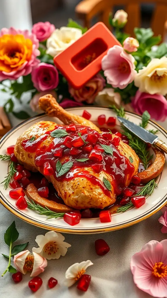 A beautifully plated dish of pomegranate glazed chicken garnished with pomegranate seeds and fresh mint.