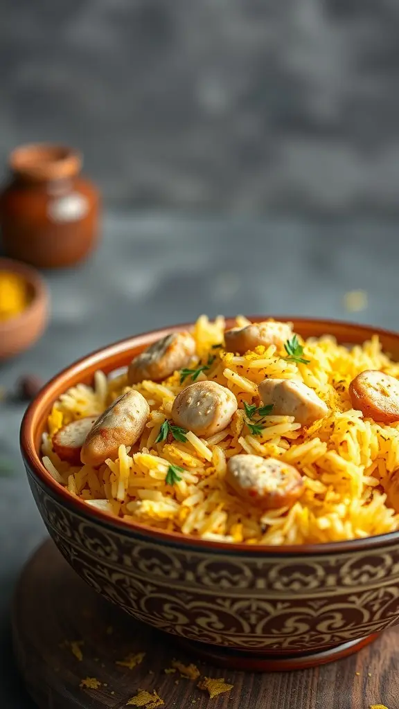 A bowl of saffron chicken pilaf garnished with fresh herbs, served with traditional Qarth-inspired decor.