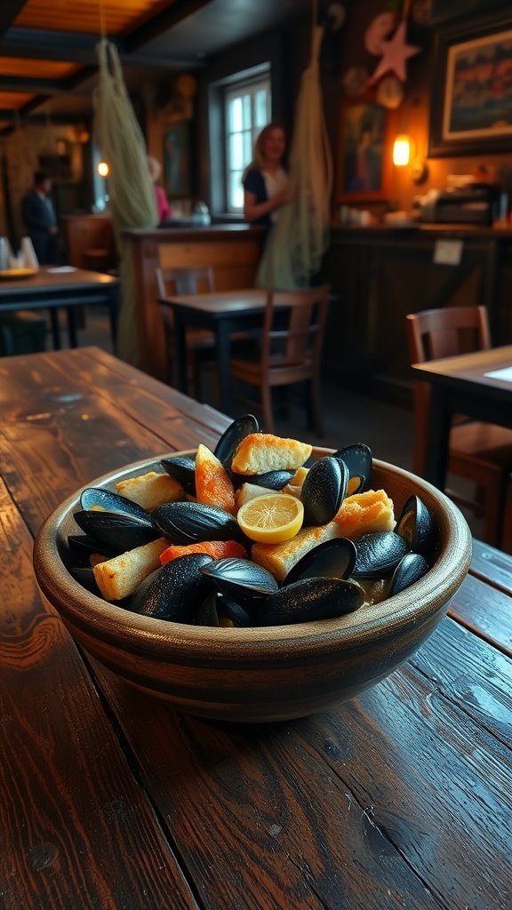 A bowl of hearty seafood stew with mussels and shrimp garnished with fresh herbs.