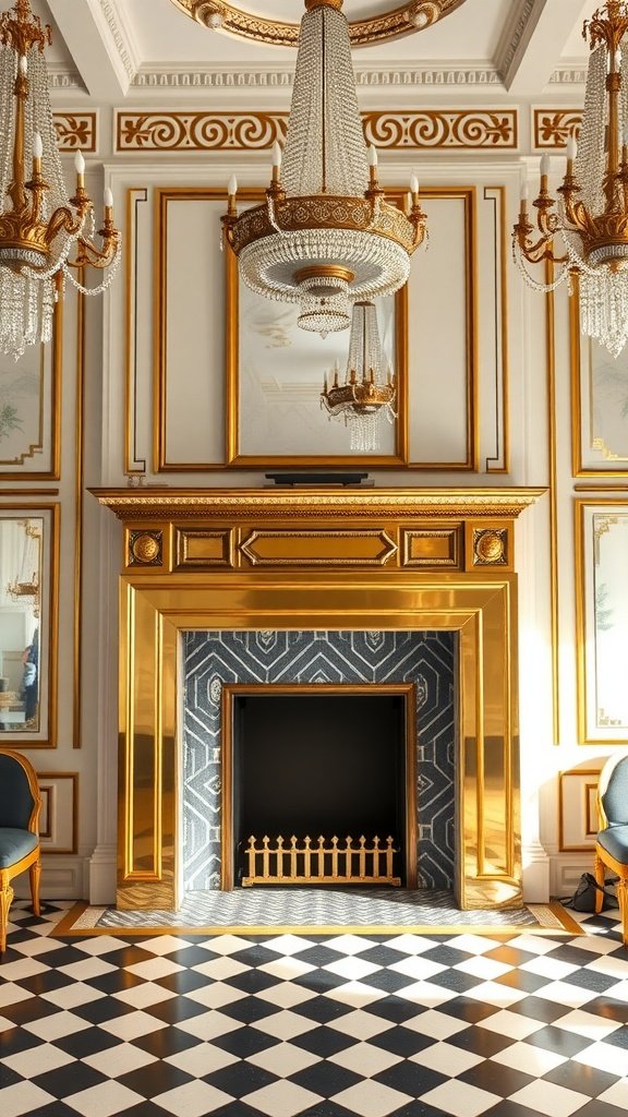 Elegant fireplace framed in brass with geometric tile patterns, surrounded by chandeliers and a checkered floor