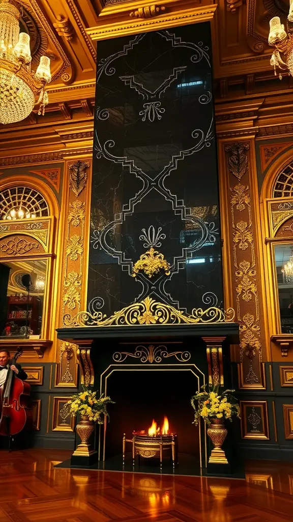 A grand art deco fireplace inspired by the Gatsby Roaring 1920's.