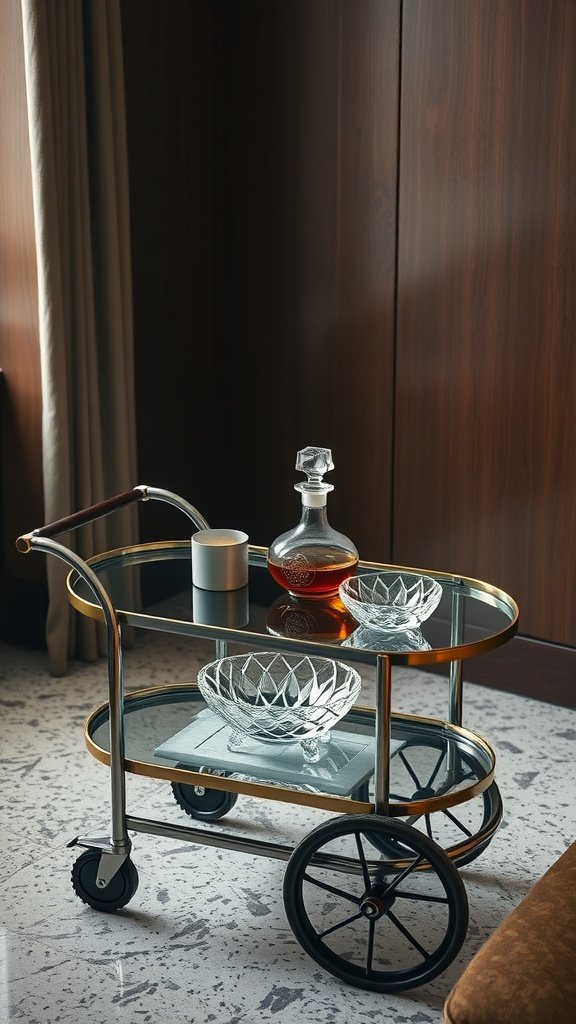 A slimline cigarette cart featuring a decanter, crystal bowls, and a white mug, exuding mid-century modern style.