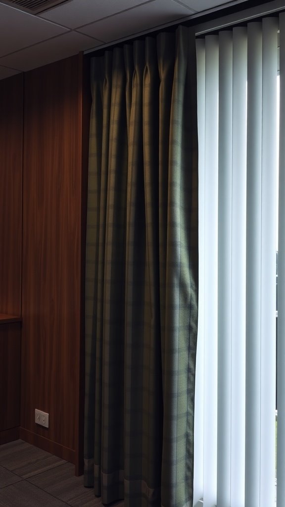 Muted plaid drapes in an office setting, contrasting with white blinds and wooden paneling.