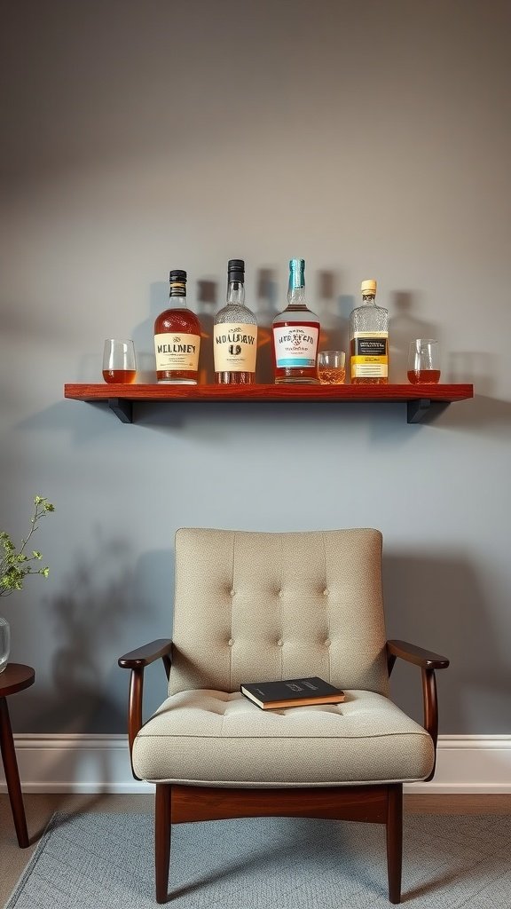 A stylish whiskey shelf with several whiskey bottles and glasses above a modern chair in an office setting.