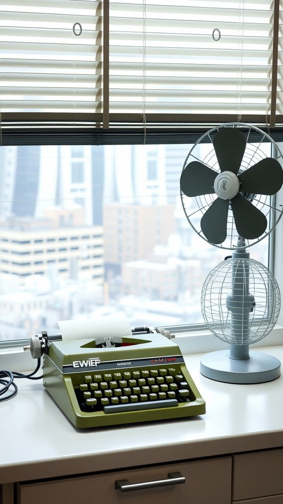 An olive green typewriter placed on a desk beside a small fan, with a window showing a city view in the background.
